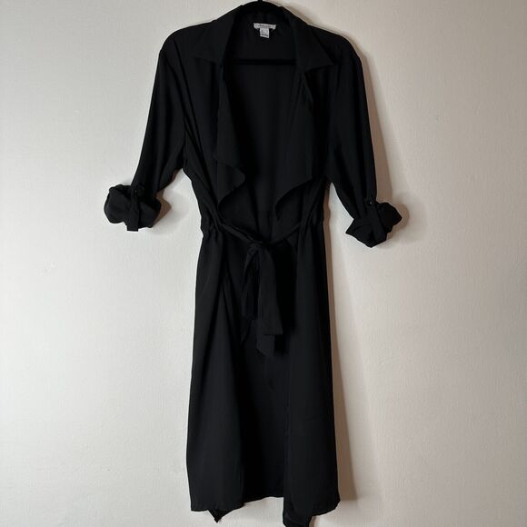 ReVamped Black Flowy Roll Tab Sleeve Tie Waist Waterfall Neck Wrap Dress Small - Picture 14 of 14